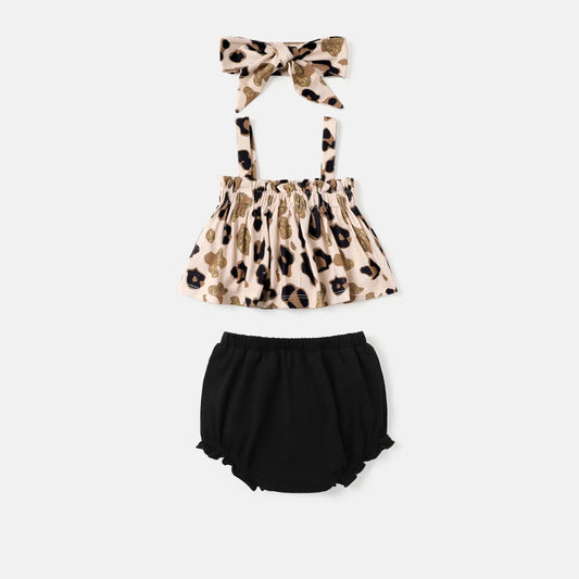 Girl Leopard Print Tank Top and Bow Front Shorts with Headband