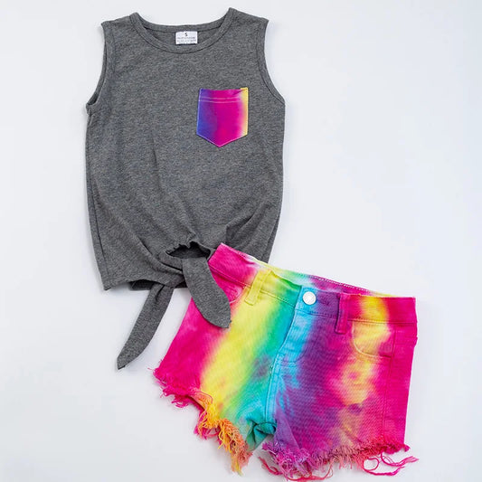 Girls Sleeveless Tie Dye Top & Denim Shorts