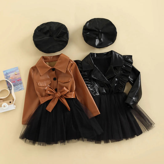 Long Sleeve Lapel Leather Tulle Dress with Hat