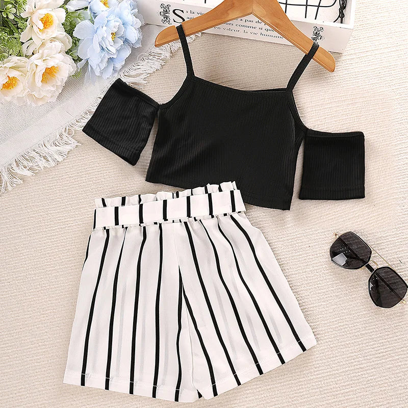 Off Shoulder Short Sleeves & Striped Belt Shorts